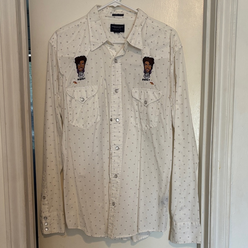 White Button-Up Shirt with Embroidered Design